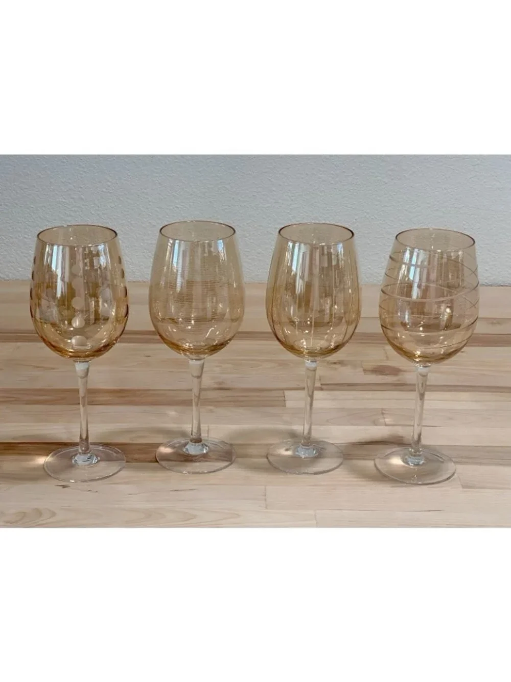 4 Pc. Mikasa Cheers Amber Gold Wine Glass Etched Different Patterns Striped Dots